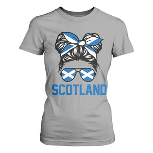 Scotland Messy Bun Hair Saltire Flag Ribbon Bow T Shirt For Women Scottish Pride for Girls Women
