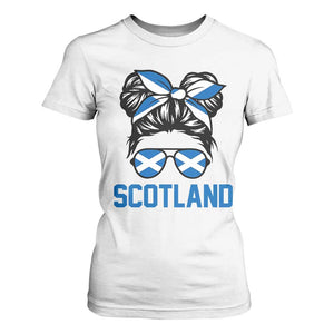 Scotland Messy Bun Hair Saltire Flag Ribbon Bow T Shirt For Women Scottish Pride for Girls Women
