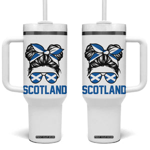 Scotland Messy Bun Hair Saltire Flag Ribbon Bow Tumbler With Handle Scottish Pride for Girls Women