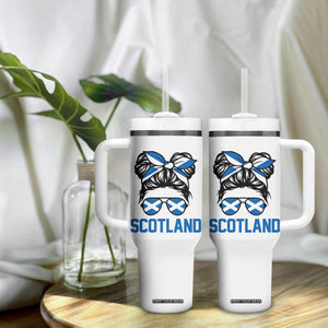 Scotland Messy Bun Hair Saltire Flag Ribbon Bow Tumbler With Handle Scottish Pride for Girls Women