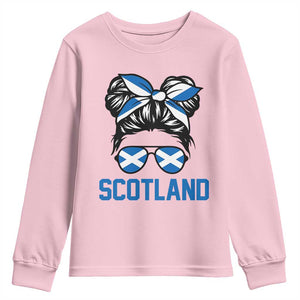 Scotland Messy Bun Hair Saltire Flag Ribbon Bow Youth Sweatshirt Scottish Pride for Girls Women