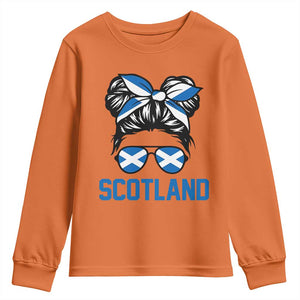 Scotland Messy Bun Hair Saltire Flag Ribbon Bow Youth Sweatshirt Scottish Pride for Girls Women