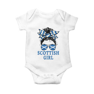 Scottish Girl Messy Bun Hair Saltire Flag Ribbon Bow Baby Onesie Scotland Pride for Girls Women
