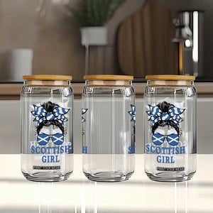 Scottish Girl Messy Bun Hair Saltire Flag Ribbon Bow Glass Can Scotland Pride for Girls Women