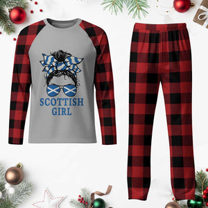 Scottish Girl Messy Bun Hair Saltire Flag Ribbon Bow Plaid Pajama Set Scotland Pride for Girls Women