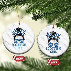Scottish Girl Messy Bun Hair Saltire Flag Ribbon Bow Ceramic Ornament Scotland Pride for Girls Women