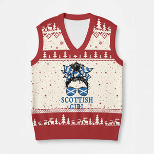 Scottish Girl Messy Bun Hair Saltire Flag Ribbon Bow V-Neck Knit Sweater Vest Scotland Pride for Girls Women