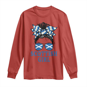 Scottish Girl Messy Bun Hair Saltire Flag Ribbon Bow Long Sleeve Shirt Scotland Pride for Girls Women