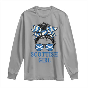 Scottish Girl Messy Bun Hair Saltire Flag Ribbon Bow Long Sleeve Shirt Scotland Pride for Girls Women