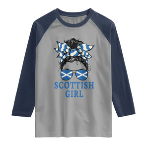 Scottish Girl Messy Bun Hair Saltire Flag Ribbon Bow Raglan Shirt Scotland Pride for Girls Women