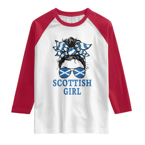 Scottish Girl Messy Bun Hair Saltire Flag Ribbon Bow Raglan Shirt Scotland Pride for Girls Women