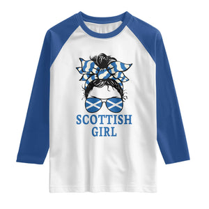 Scottish Girl Messy Bun Hair Saltire Flag Ribbon Bow Raglan Shirt Scotland Pride for Girls Women