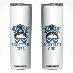 Scottish Girl Messy Bun Hair Saltire Flag Ribbon Bow Skinny Tumbler Scotland Pride for Girls Women