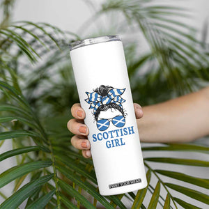 Scottish Girl Messy Bun Hair Saltire Flag Ribbon Bow Skinny Tumbler Scotland Pride for Girls Women