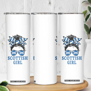 Scottish Girl Messy Bun Hair Saltire Flag Ribbon Bow Skinny Tumbler Scotland Pride for Girls Women