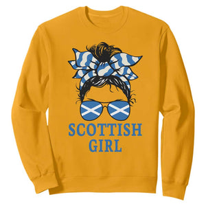 Scottish Girl Messy Bun Hair Saltire Flag Ribbon Bow Sweatshirt Scotland Pride for Girls Women