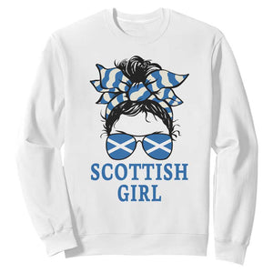 Scottish Girl Messy Bun Hair Saltire Flag Ribbon Bow Sweatshirt Scotland Pride for Girls Women