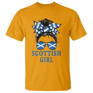Scottish Girl Messy Bun Hair Saltire Flag Ribbon Bow T Shirt Scotland Pride for Girls Women