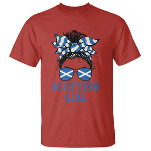 Scottish Girl Messy Bun Hair Saltire Flag Ribbon Bow T Shirt Scotland Pride for Girls Women