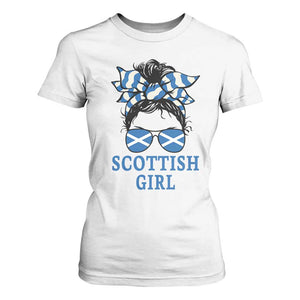 Scottish Girl Messy Bun Hair Saltire Flag Ribbon Bow T Shirt For Women Scotland Pride for Girls Women