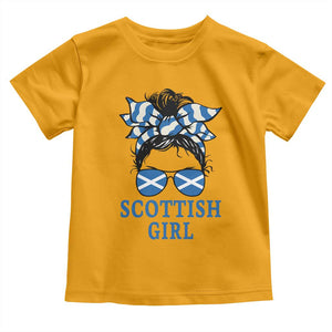 Scottish Girl Messy Bun Hair Saltire Flag Ribbon Bow Toddler T Shirt Scotland Pride for Girls Women