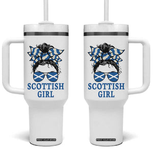 Scottish Girl Messy Bun Hair Saltire Flag Ribbon Bow Tumbler With Handle Scotland Pride for Girls Women