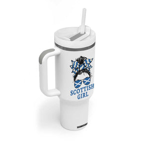 Scottish Girl Messy Bun Hair Saltire Flag Ribbon Bow Tumbler With Handle Scotland Pride for Girls Women