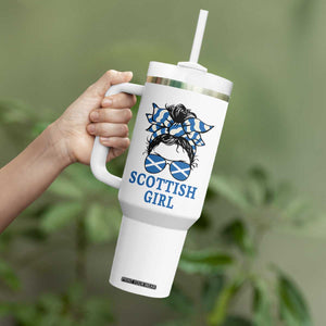Scottish Girl Messy Bun Hair Saltire Flag Ribbon Bow Tumbler With Handle Scotland Pride for Girls Women