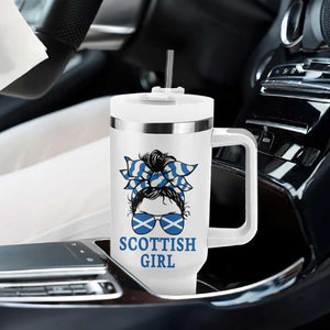 Scottish Girl Messy Bun Hair Saltire Flag Ribbon Bow Tumbler With Handle Scotland Pride for Girls Women