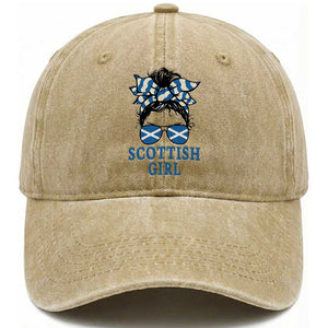 Scottish Girl Messy Bun Hair Saltire Flag Ribbon Bow Washed Cotton Baseball Cap Scotland Pride for Girls Women