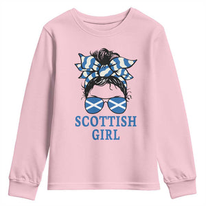 Scottish Girl Messy Bun Hair Saltire Flag Ribbon Bow Youth Sweatshirt Scotland Pride for Girls Women