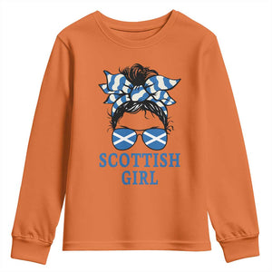 Scottish Girl Messy Bun Hair Saltire Flag Ribbon Bow Youth Sweatshirt Scotland Pride for Girls Women