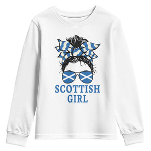 Scottish Girl Messy Bun Hair Saltire Flag Ribbon Bow Youth Sweatshirt Scotland Pride for Girls Women