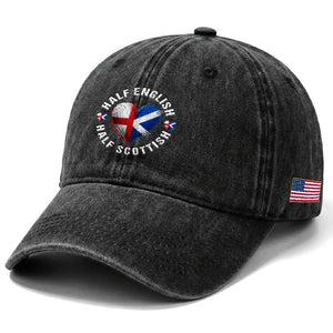 Half English Half Scottish Heritage Washed Cotton Baseball Cap Heart St Georges Cross and Saltire Pride