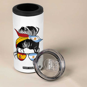 Argentina Spain Flag Messy Bun Girl Graphic 4 in 1 Can Cooler Tumbler Cool Latina Argentine Spanish Pride Match Day