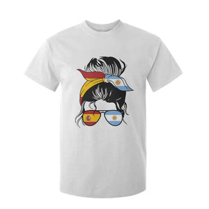 Argentina Spain Flag Messy Bun Girl Graphic T Shirt For Kid Cool Latina Argentine Spanish Pride Match Day