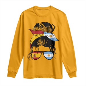 Argentina Spain Flag Messy Bun Girl Graphic Long Sleeve Shirt Cool Latina Argentine Spanish Pride Match Day