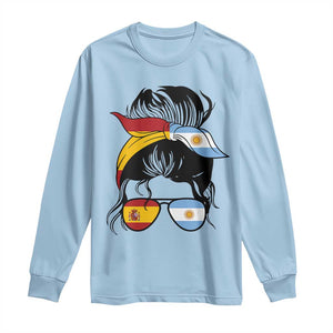 Argentina Spain Flag Messy Bun Girl Graphic Long Sleeve Shirt Cool Latina Argentine Spanish Pride Match Day
