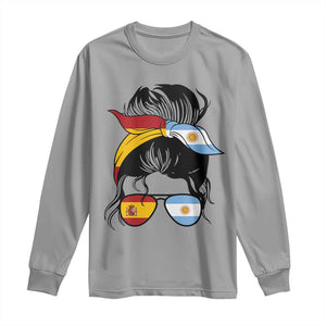 Argentina Spain Flag Messy Bun Girl Graphic Long Sleeve Shirt Cool Latina Argentine Spanish Pride Match Day