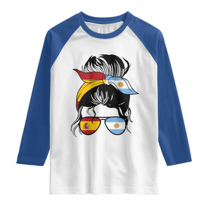 Argentina Spain Flag Messy Bun Girl Graphic Raglan Shirt Cool Latina Argentine Spanish Pride Match Day