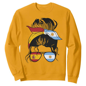 Argentina Spain Flag Messy Bun Girl Graphic Sweatshirt Cool Latina Argentine Spanish Pride Match Day