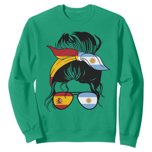 Argentina Spain Flag Messy Bun Girl Graphic Sweatshirt Cool Latina Argentine Spanish Pride Match Day