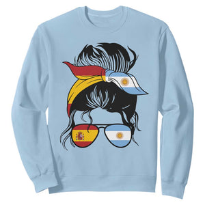 Argentina Spain Flag Messy Bun Girl Graphic Sweatshirt Cool Latina Argentine Spanish Pride Match Day