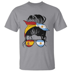 Argentina Spain Flag Messy Bun Girl Graphic T Shirt Cool Latina Argentine Spanish Pride Match Day