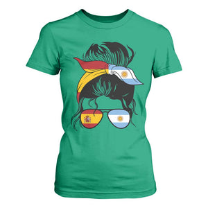 Argentina Spain Flag Messy Bun Girl Graphic T Shirt For Women Cool Latina Argentine Spanish Pride Match Day