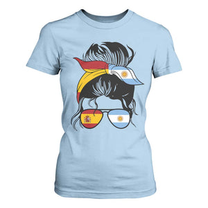 Argentina Spain Flag Messy Bun Girl Graphic T Shirt For Women Cool Latina Argentine Spanish Pride Match Day
