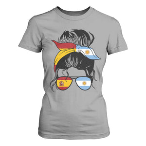 Argentina Spain Flag Messy Bun Girl Graphic T Shirt For Women Cool Latina Argentine Spanish Pride Match Day