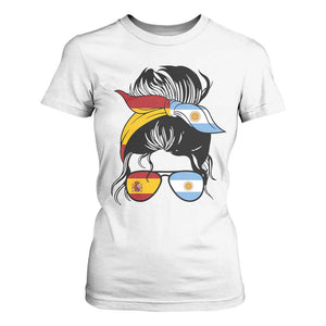Argentina Spain Flag Messy Bun Girl Graphic T Shirt For Women Cool Latina Argentine Spanish Pride Match Day