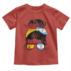 Argentina Spain Flag Messy Bun Girl Graphic Toddler T Shirt Cool Latina Argentine Spanish Pride Match Day