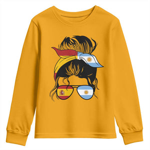 Argentina Spain Flag Messy Bun Girl Graphic Youth Sweatshirt Cool Latina Argentine Spanish Pride Match Day